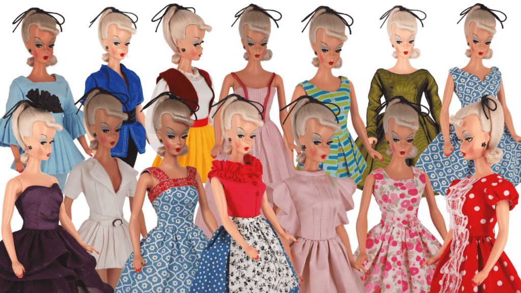 Bild Lilli dolls in vintage 1950s outfits, featuring polka dots, ruffles, pleats, and bold colors, with signature black bows.